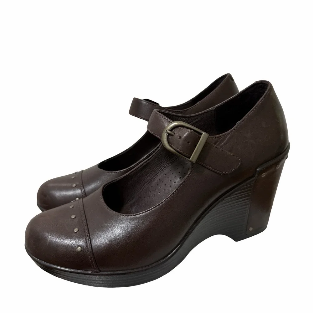 Dansko Leather Mary Jane Platform Wedge Womens EU 38 US 7.5-8 Brown Studded Clog